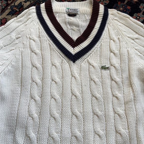 Vintage Lacoste Men's Cream Cable Knit Preppy Sweater - Picture 3 of 8